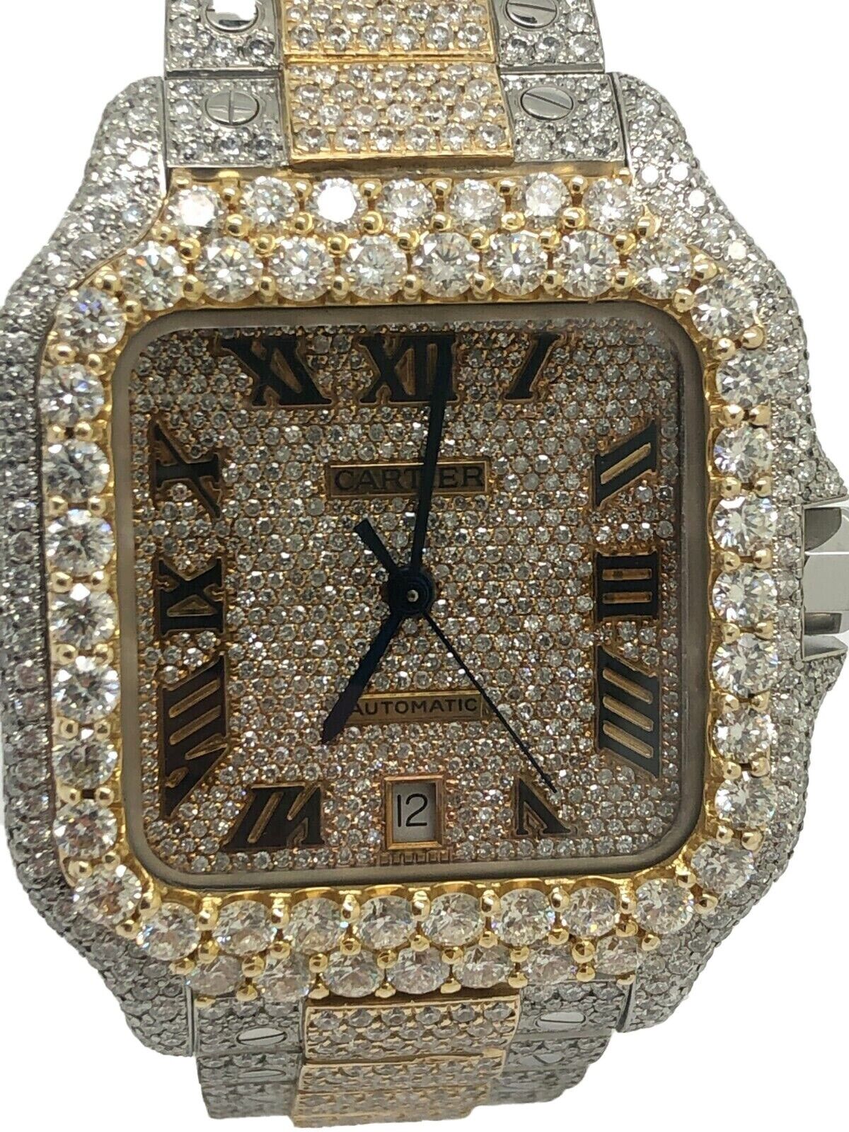 Cartier Santos Two Tone Custom Roman Numeral Iced Out Wrist Watch 40mm XL