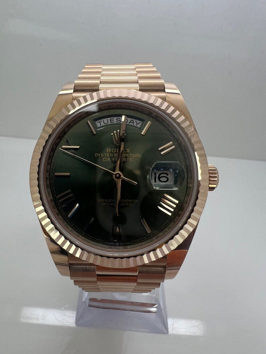 Rolex Day-Date 228235 Pink President Bracelet with Pink Bezel Olive Dial Watch
