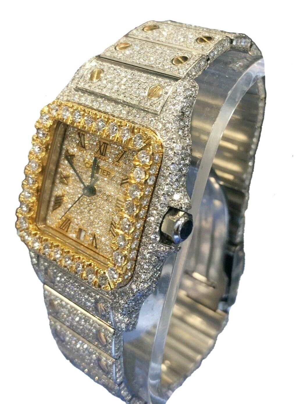 Ladies Cartier Santos WSSA0018 29mm IcedOut TwoTone 18K Yellow Gold Custom Watch