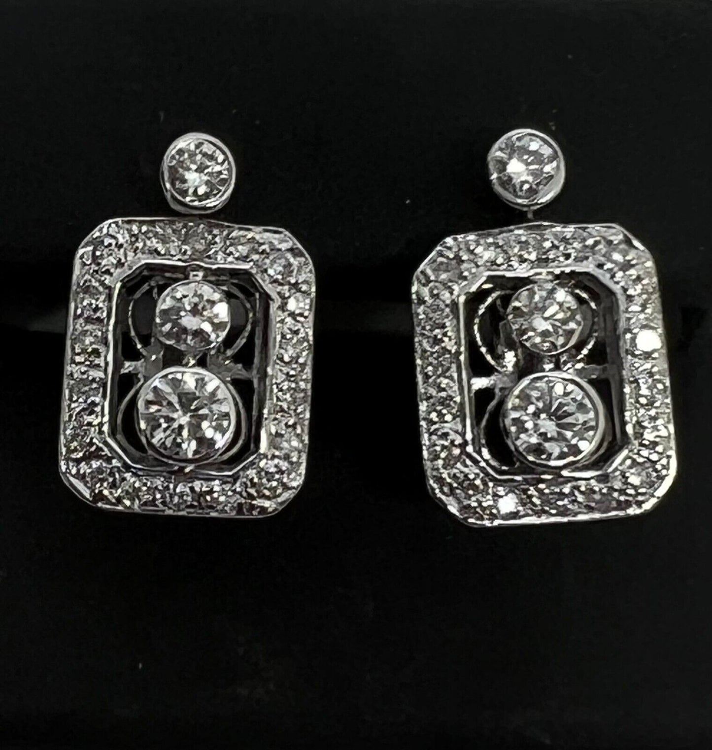 14k White Gold Diamond Dangle Bezel Pave Earrings