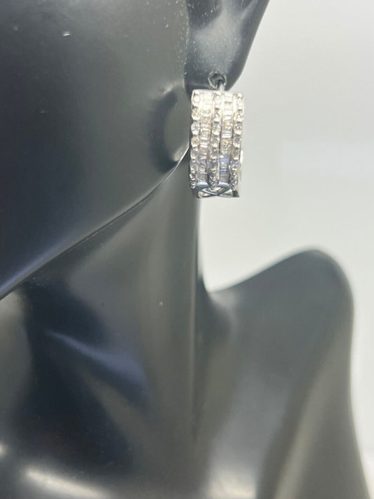 14k White Gold Diamond Bagguette Huggy Dangle Channel Set Earrings