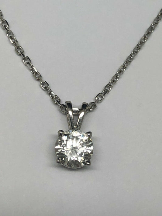 14K White Gold 1.00ct Round Cut Natural Diamond Rabbit Ears Solitaire Necklace
