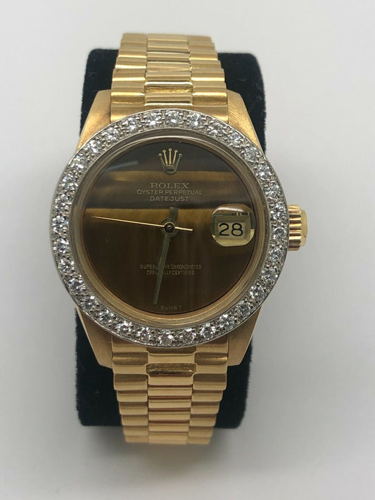 Rolex 18k Yellow Gold Ladies Presidential Tigers Eye Diamond Dial Watch