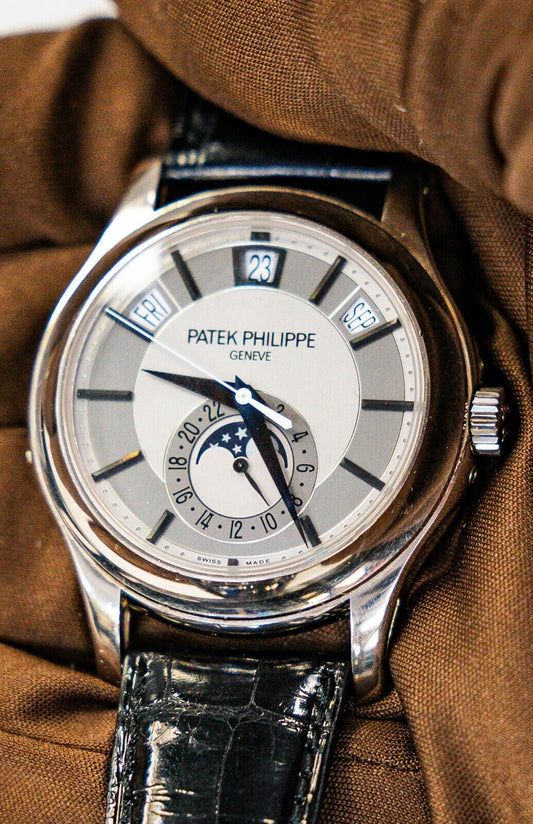 Patek Philippe Complications 18k White Gold Auto Silver Grey Men Watch 5205G-001