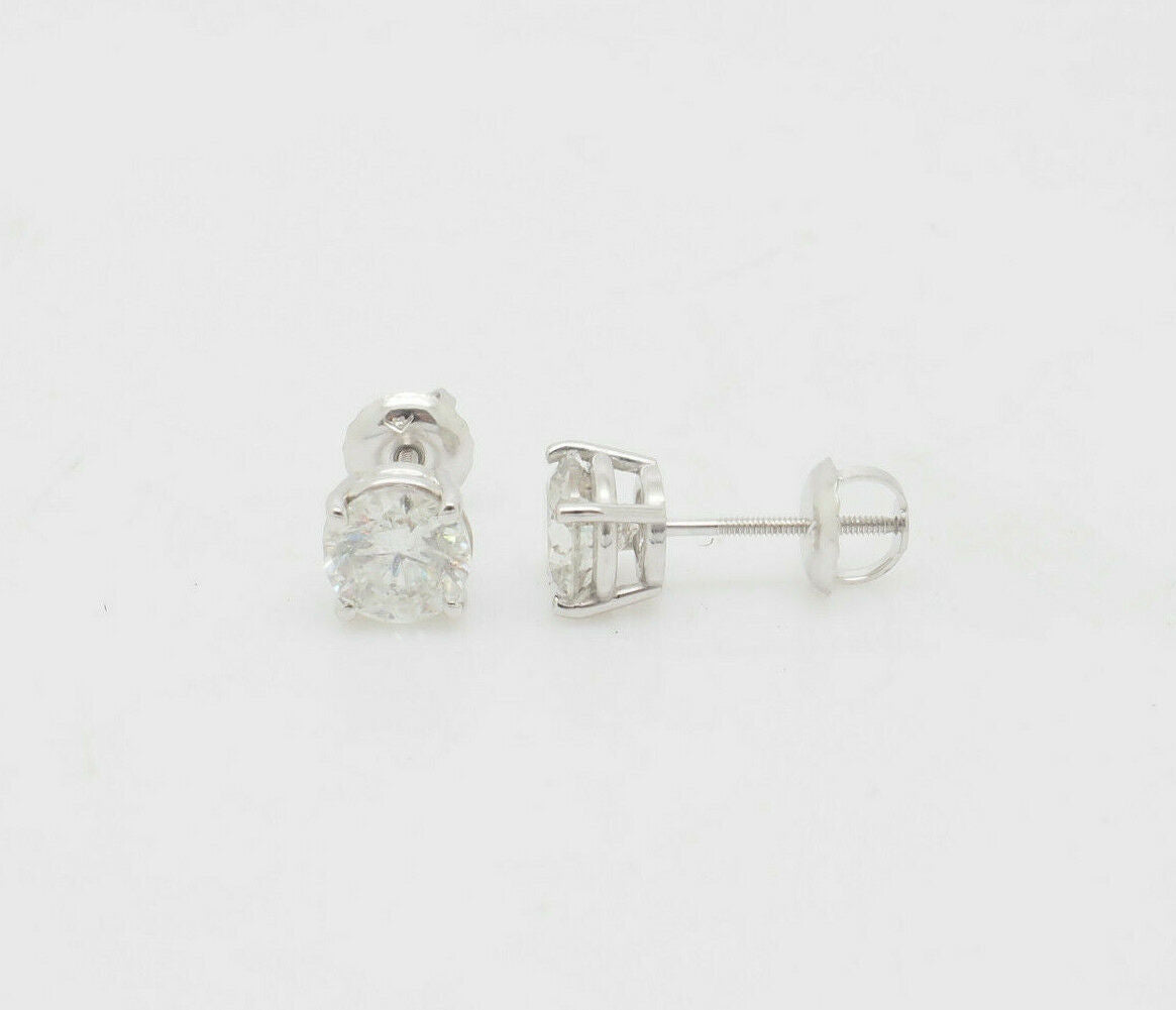14K White Gold 1.45ctw Round Natural Diamond Solitaire Screwback Stud Earrings