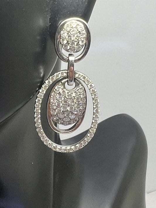 14k White Gold Diamond Pavee' Drop Dangle Oval Earrings