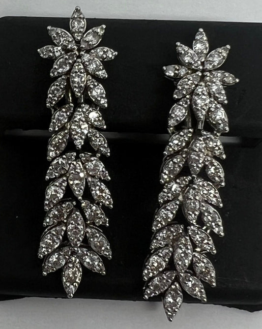 14k White Gold Diamond Drop Prong Dangle Flower Earrings