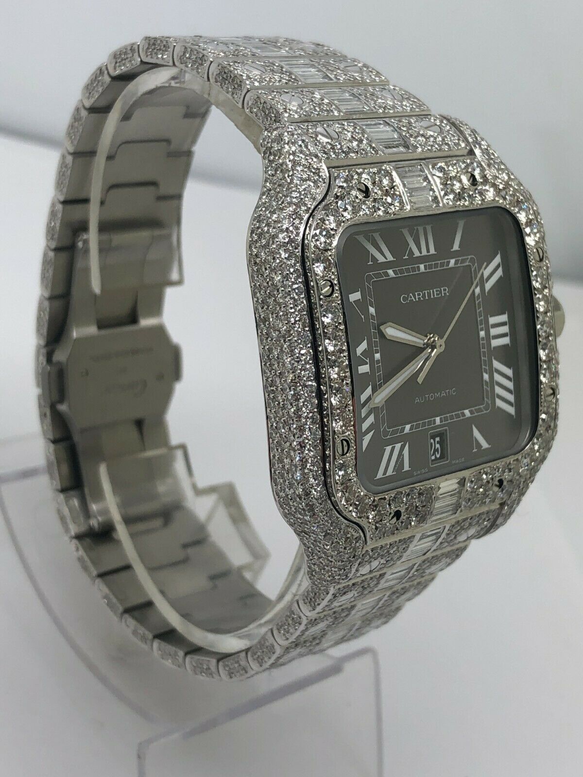 Cartier Santos 40mm Iced Out VVS Emerald Cut Diamond Roman Numeral Watch