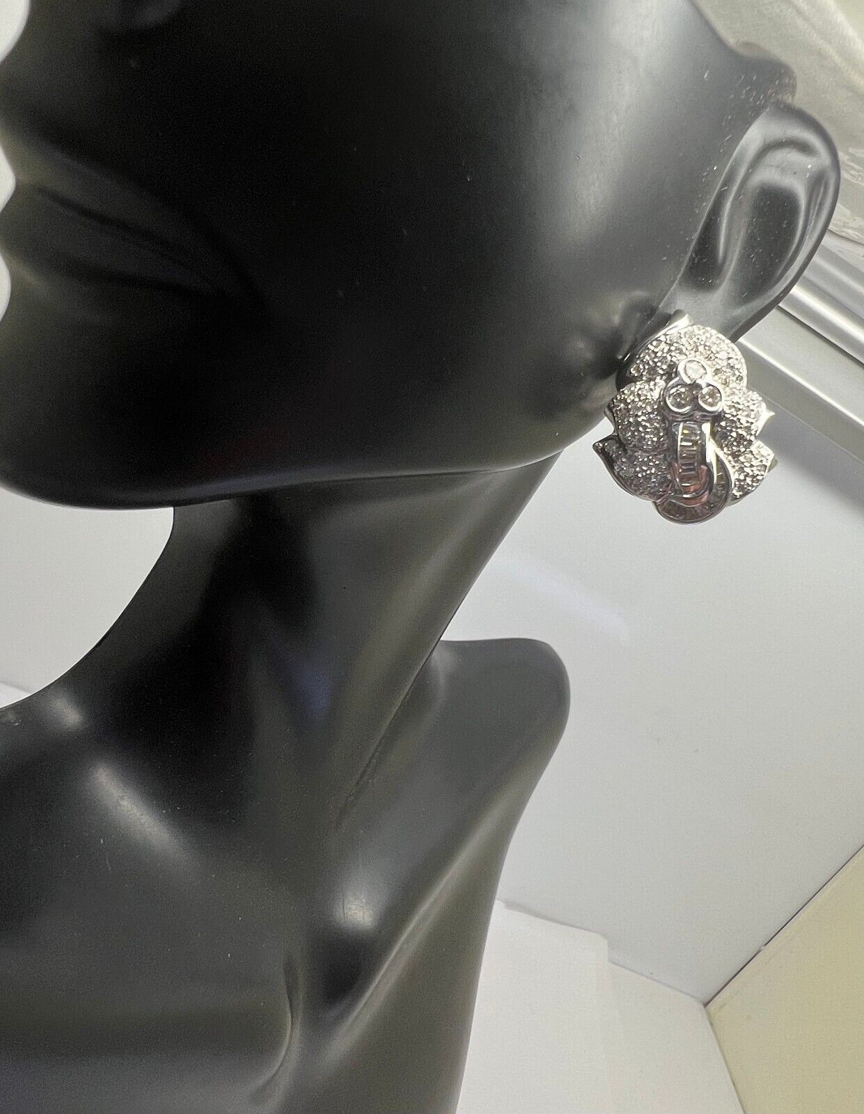 14k White Gold Diamond Bezel Pave Leaver Back Earrings