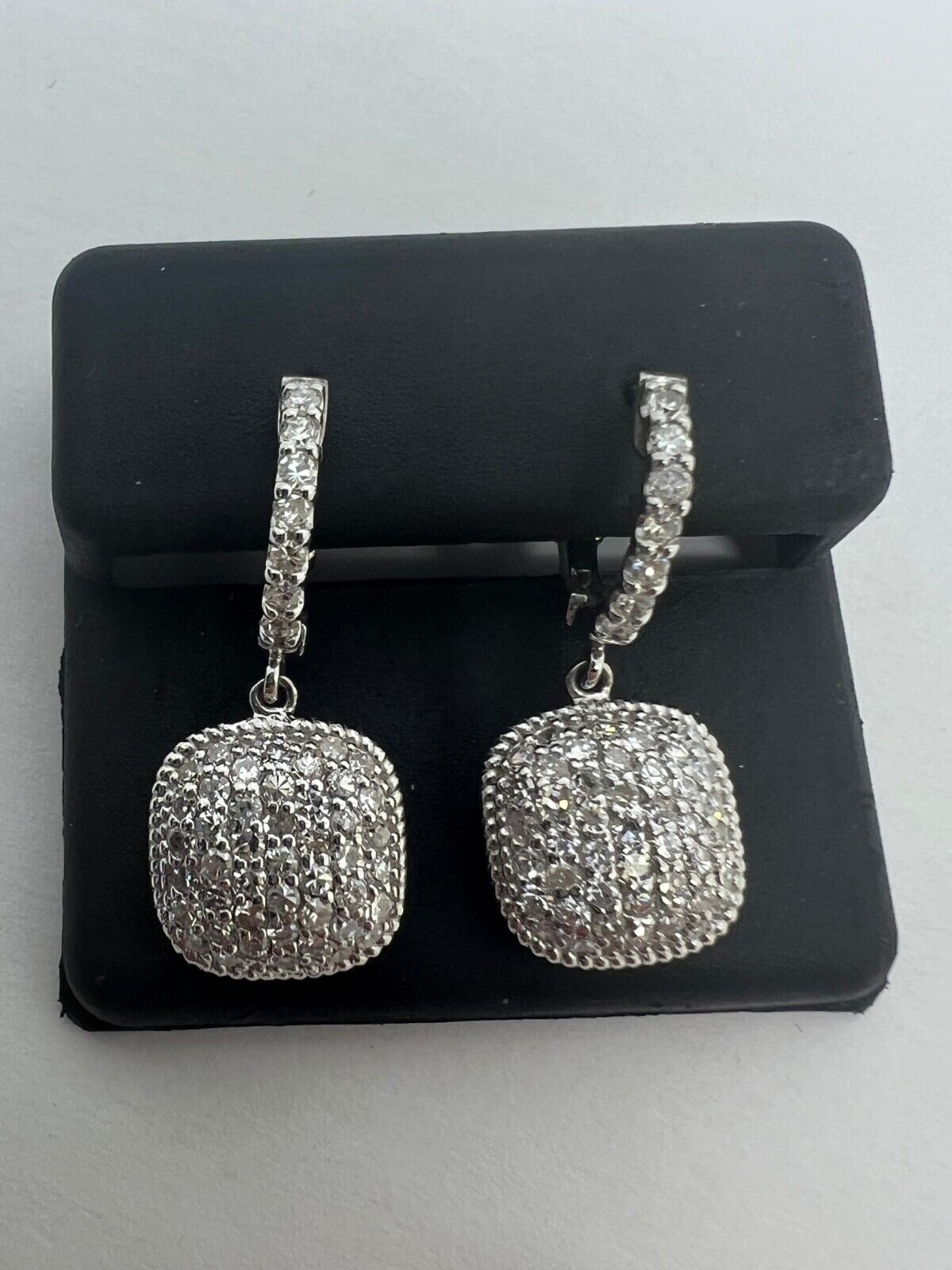 14k White Gold Diamond Pave Dangle Drop Huggy Earrings