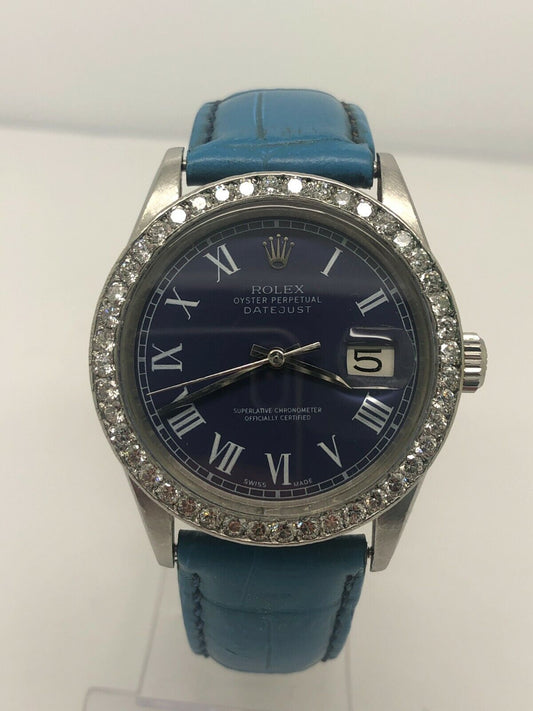 Rolex DateJust 1601 36mm Blue Roman Numeral Dial with Custom Diamond Bezel Watch