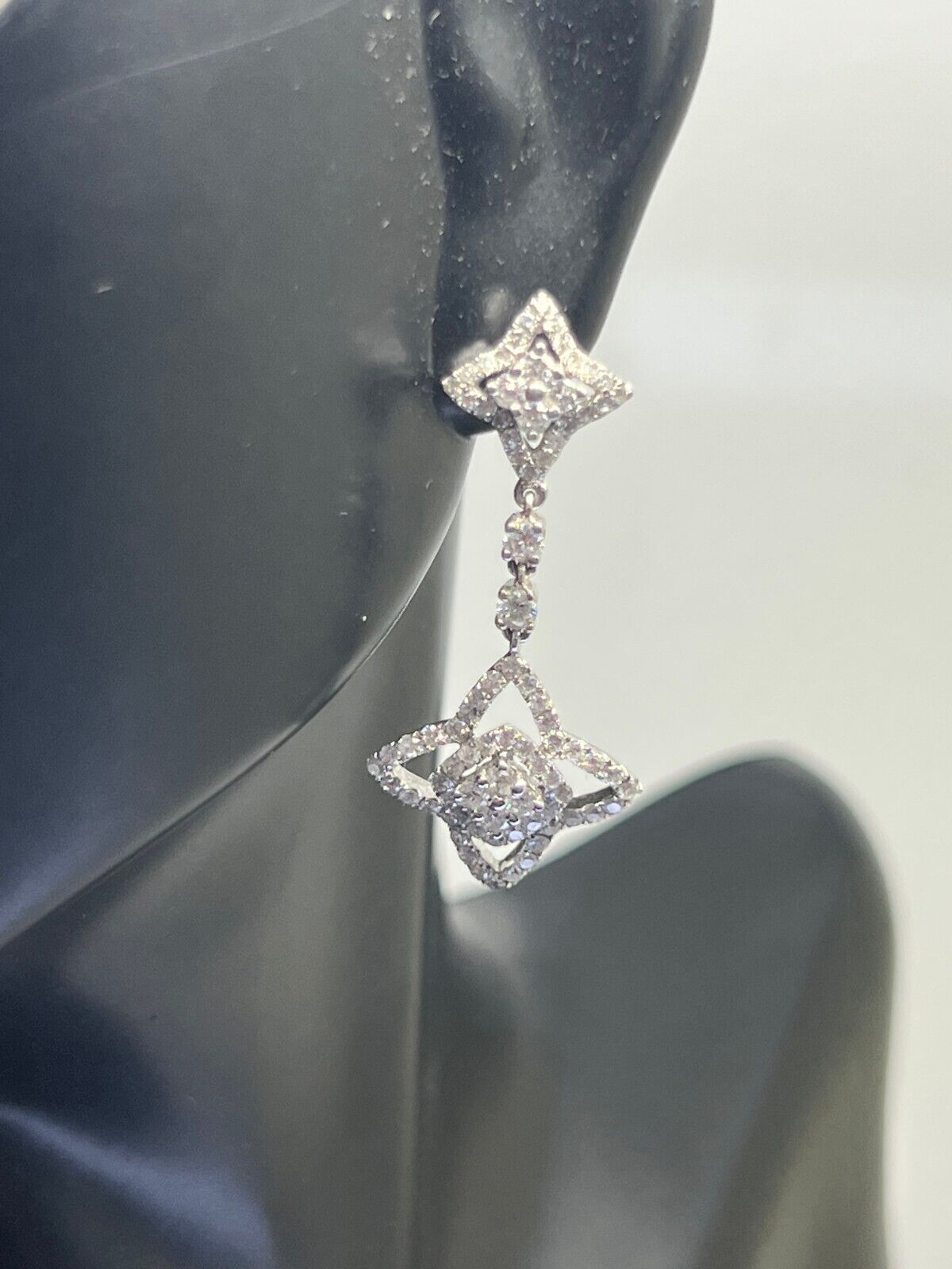 14k White Gold Diamond Star Dangle Drop Pave Earrings